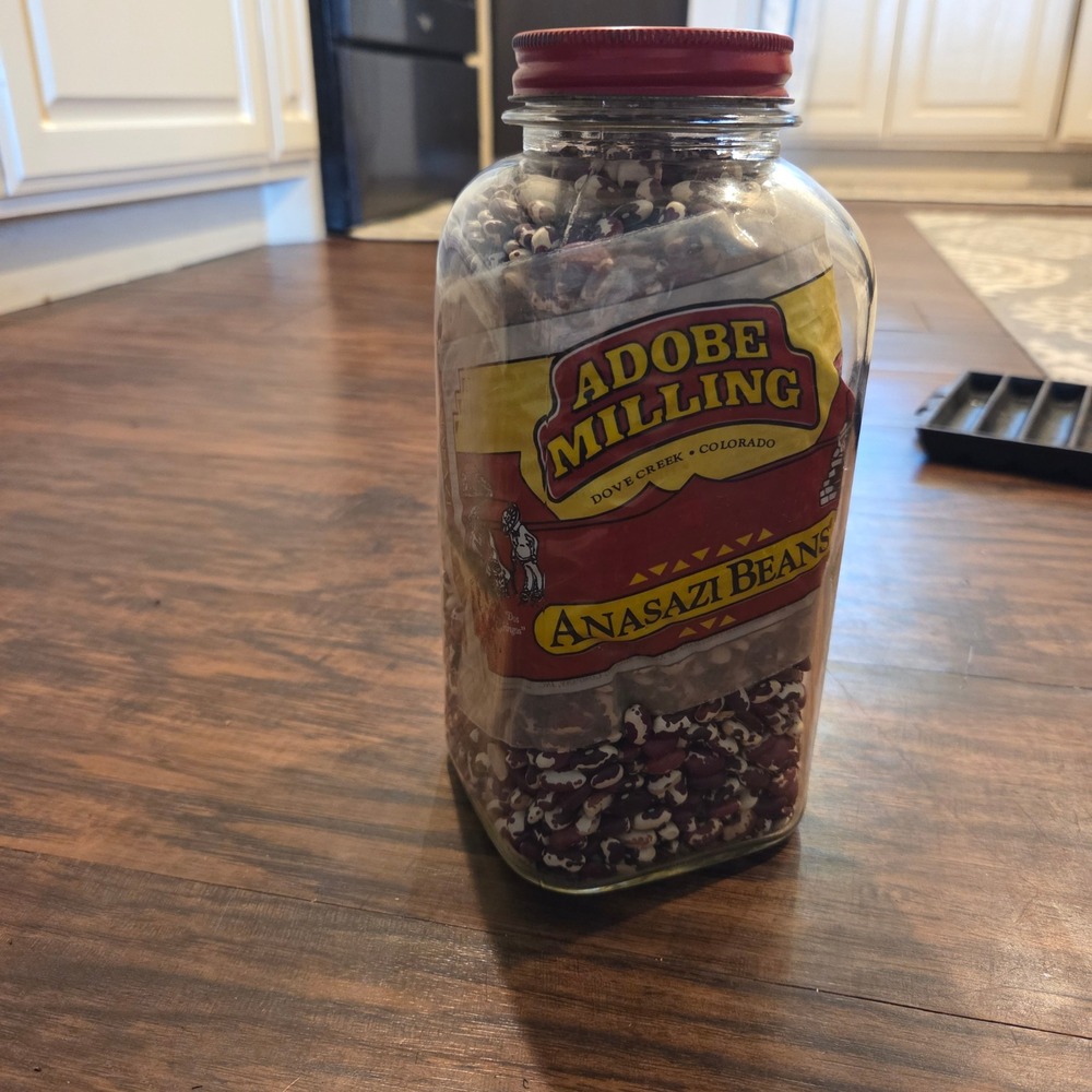 Vintage Adobe Milling Anasazi Beans Glass Jar One Quart Dove Creek Colorado